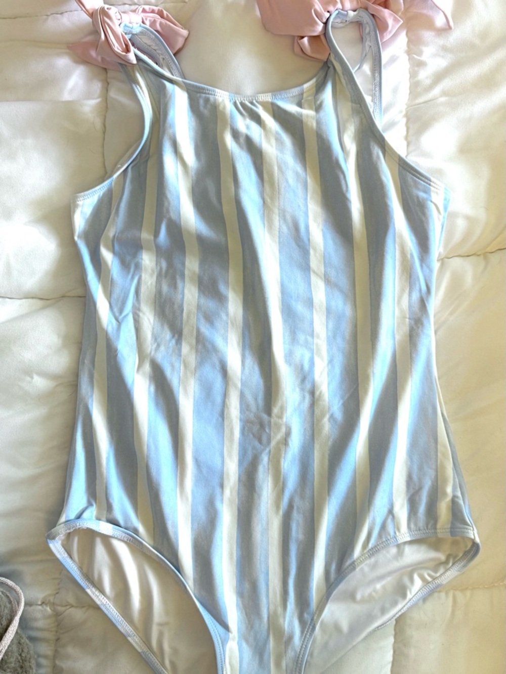 Blue and White Striped One-Piece Swimsuit with Pink Tie Straps